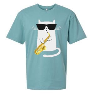 Funny Cat Wearing Sunglasses Playing Saxophone Gift Sueded Cloud Jersey T-Shirt