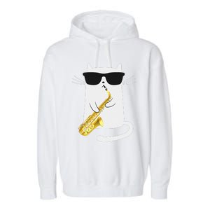 Funny Cat Wearing Sunglasses Playing Saxophone Gift Garment-Dyed Fleece Hoodie