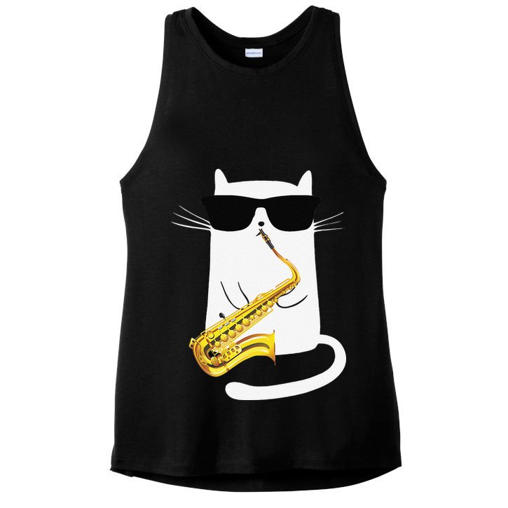 Funny Cat Wearing Sunglasses Playing Saxophone Ladies PosiCharge Tri-Blend Wicking Tank