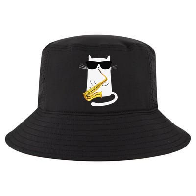 Funny Cat Wearing Sunglasses Playing Saxophone Cool Comfort Performance Bucket Hat