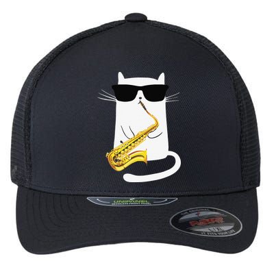 Funny Cat Wearing Sunglasses Playing Saxophone Flexfit Unipanel Trucker Cap