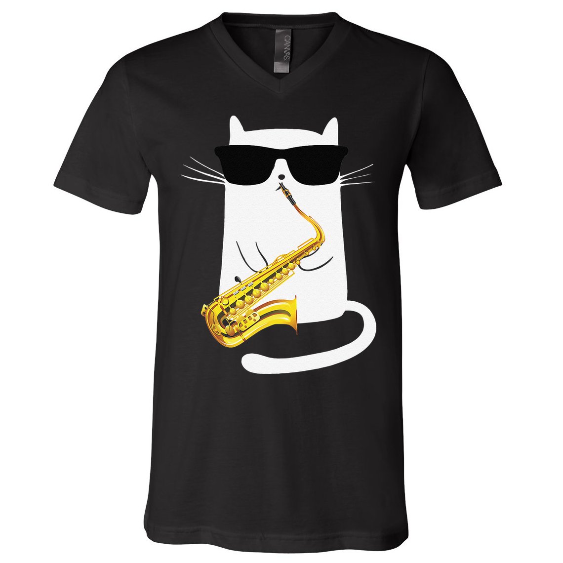 Funny Cat Wearing Sunglasses Playing Saxophone V-Neck T-Shirt