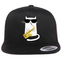 Funny Cat Wearing Sunglasses Playing Saxophone Flat Bill Trucker Hat