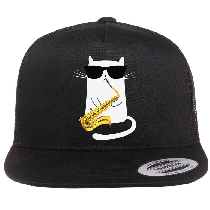 Funny Cat Wearing Sunglasses Playing Saxophone Flat Bill Trucker Hat
