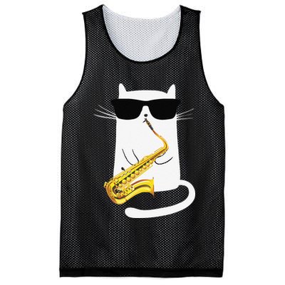 Funny Cat Wearing Sunglasses Playing Saxophone Mesh Reversible Basketball Jersey Tank