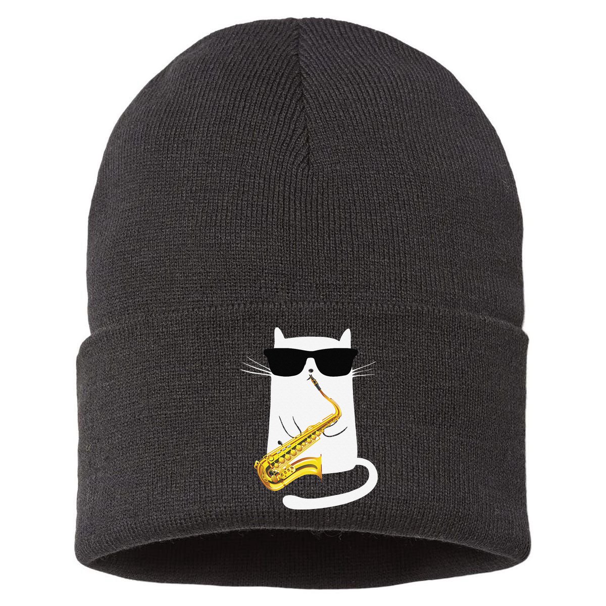 Funny Cat Wearing Sunglasses Playing Saxophone Sustainable Knit Beanie