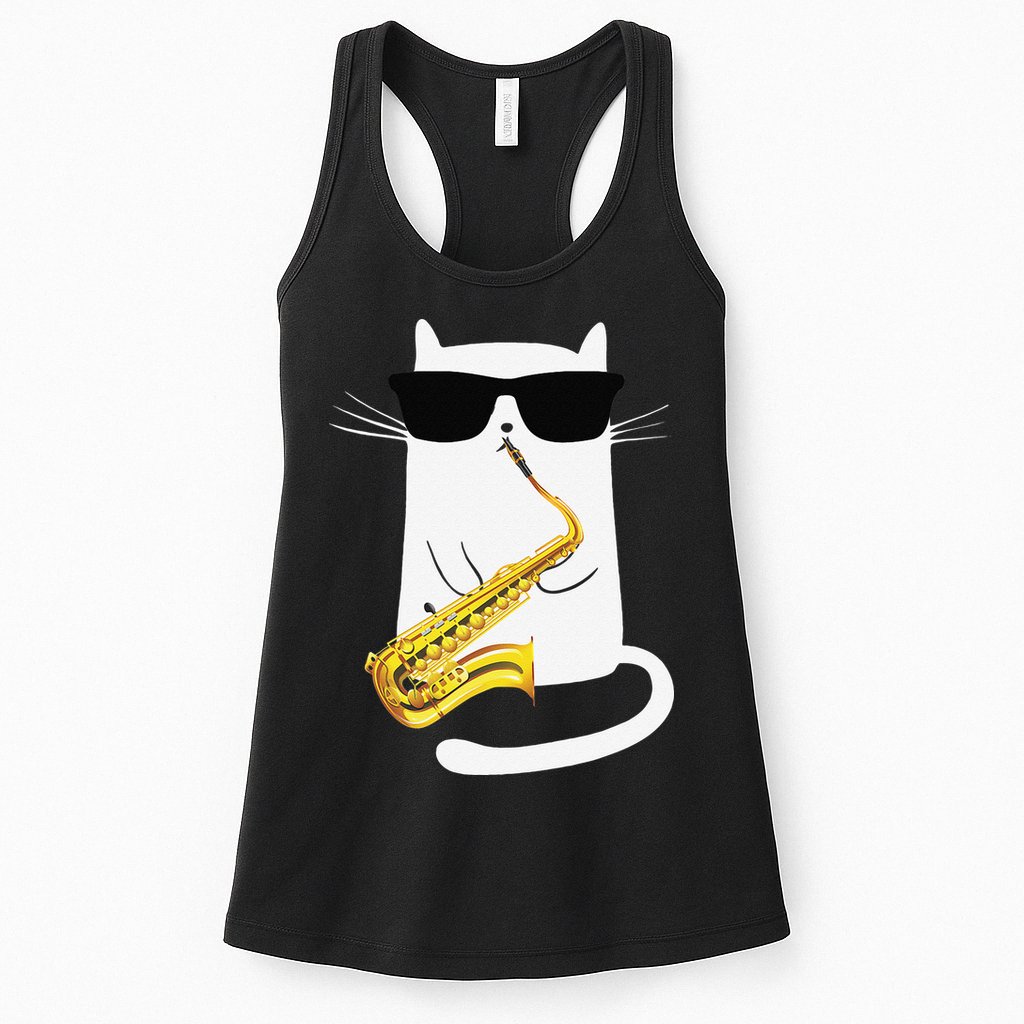 Funny Cat Wearing Sunglasses Playing Saxophone Womens Tank Top
