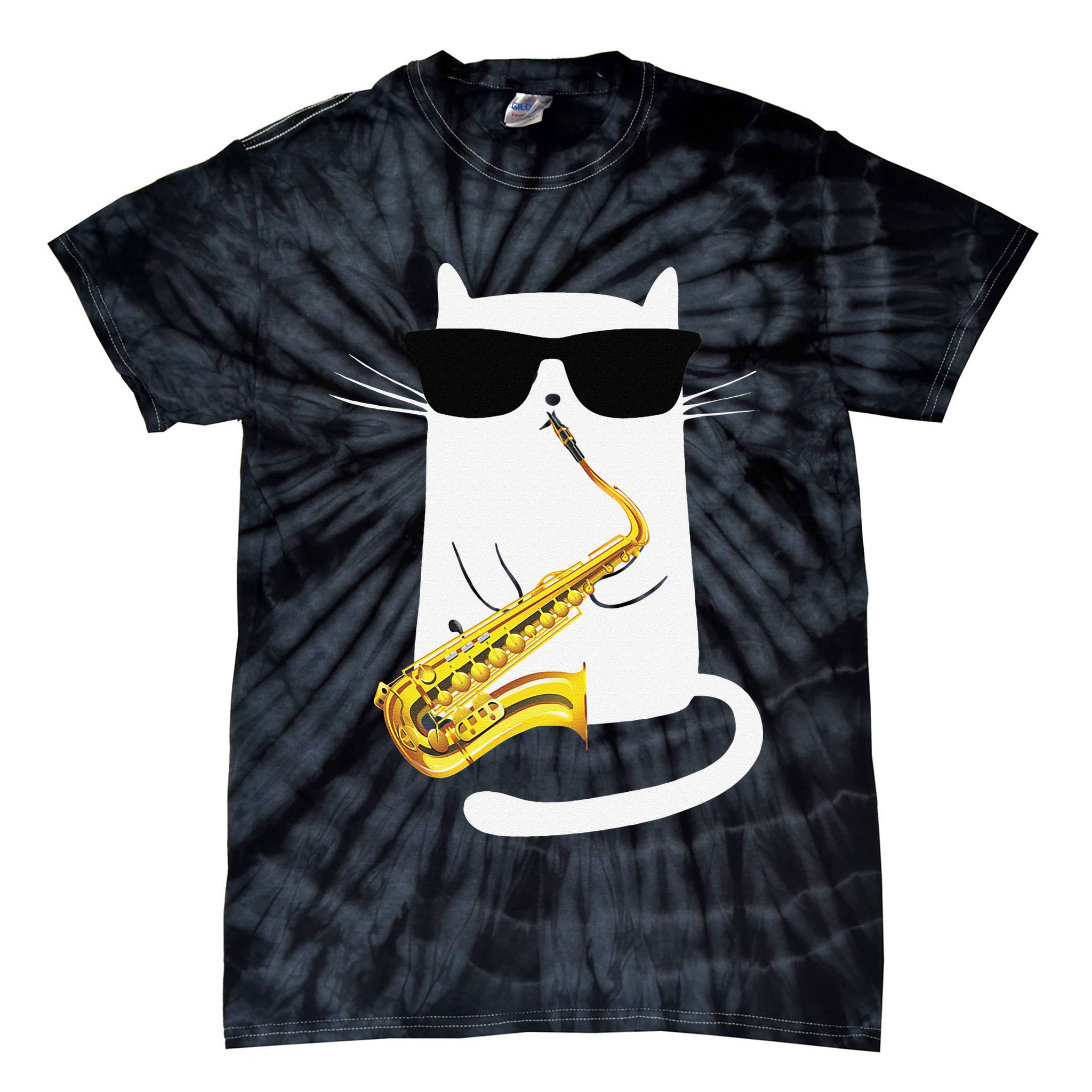 Funny Cat Wearing Sunglasses Playing Saxophone Tie-Dye T-Shirt