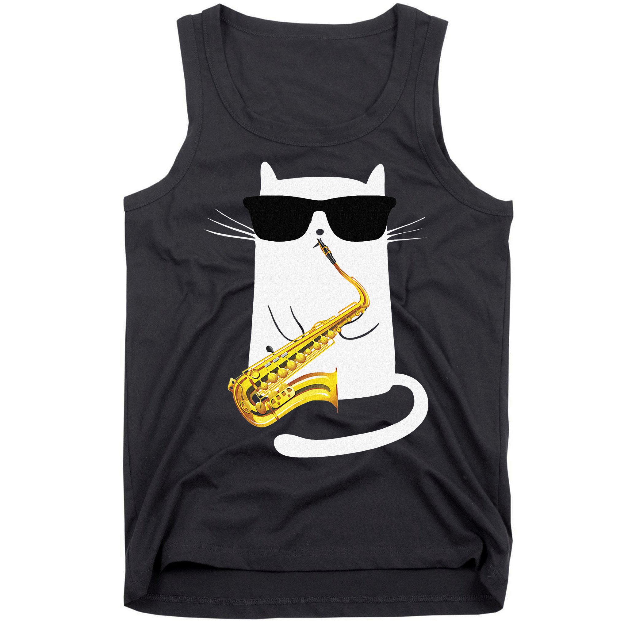 Funny Cat Wearing Sunglasses Playing Saxophone Tank Top