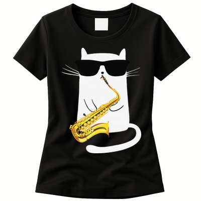 Funny Cat Wearing Sunglasses Playing Saxophone Womens T-Shirt
