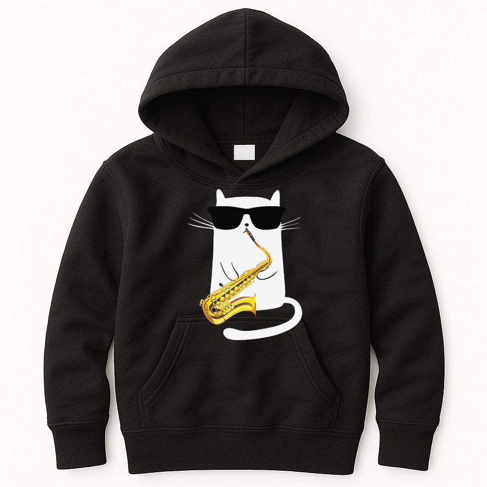 Funny Cat Wearing Sunglasses Playing Saxophone Kids Hoodie