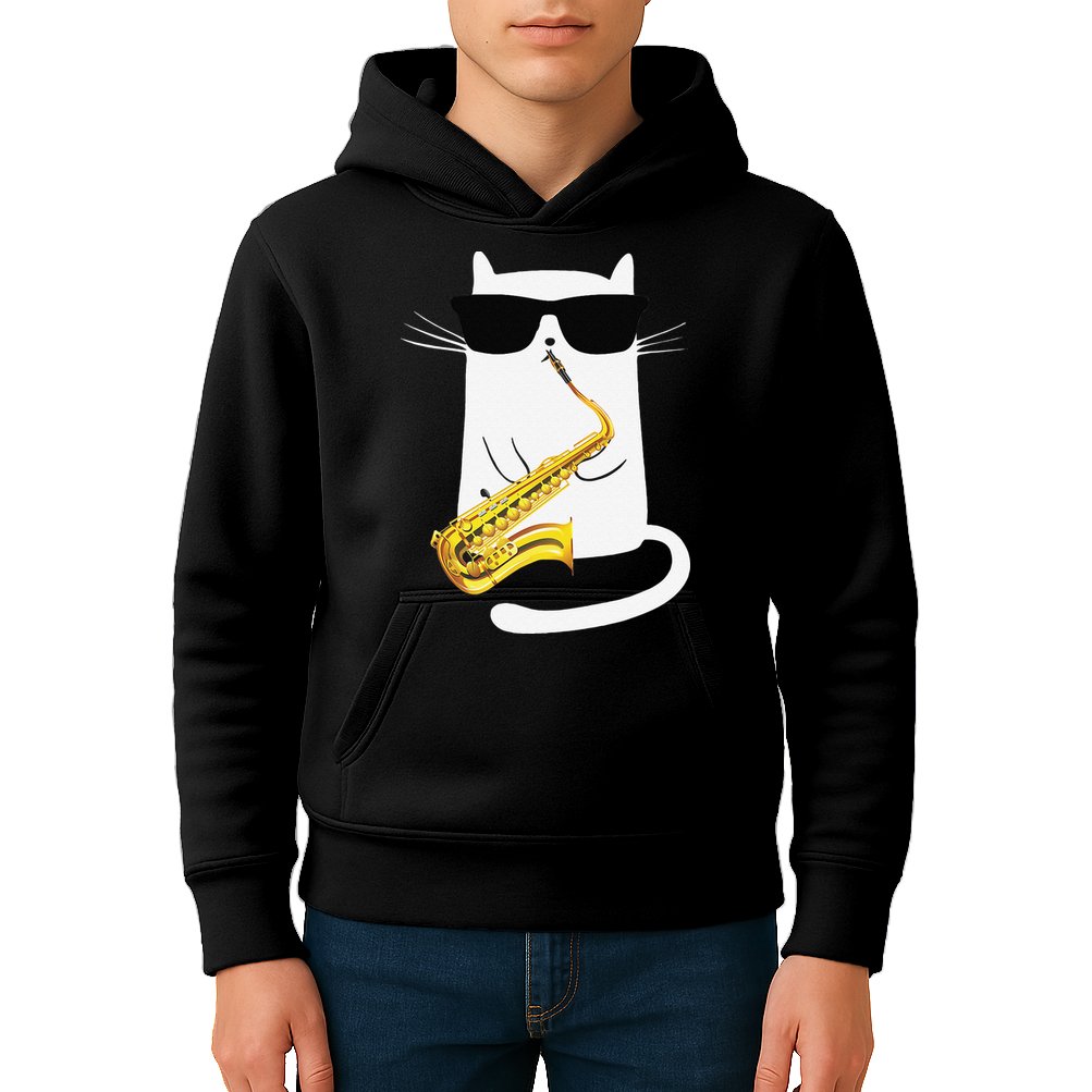 Funny Cat Wearing Sunglasses Playing Saxophone Kids Hoodie