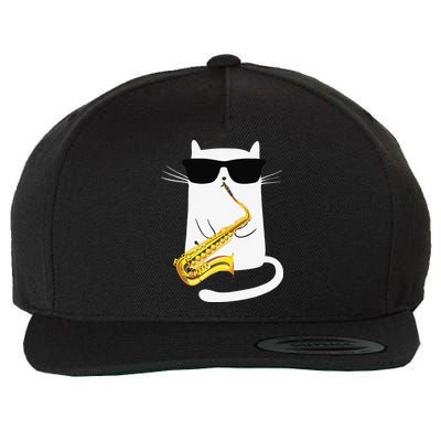 Funny Cat Wearing Sunglasses Playing Saxophone Wool Snapback Cap