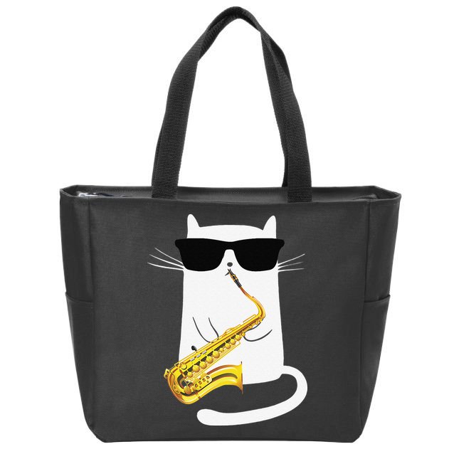 Funny Cat Wearing Sunglasses Playing Saxophone Zip Tote Bag