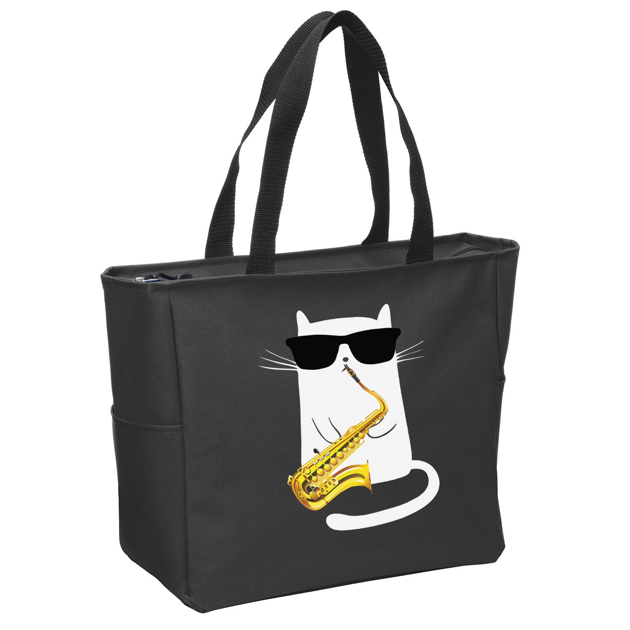 Funny Cat Wearing Sunglasses Playing Saxophone Zip Tote Bag