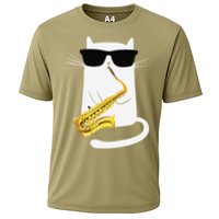 Funny Cat Wearing Sunglasses Playing Saxophone Cooling Performance Crew T-Shirt