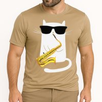 Funny Cat Wearing Sunglasses Playing Saxophone Cooling Performance Crew T-Shirt