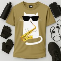 Funny Cat Wearing Sunglasses Playing Saxophone Cooling Performance Crew T-Shirt