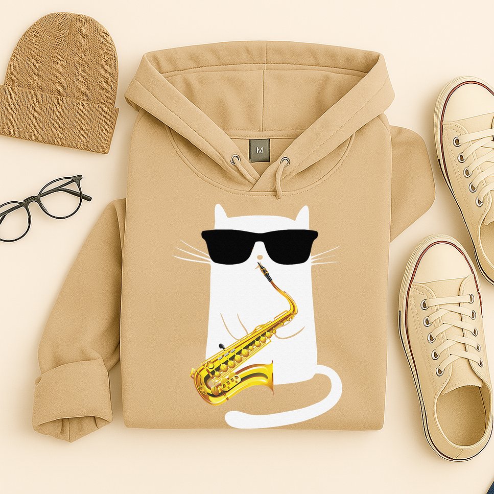 Funny Cat Wearing Sunglasses Playing Saxophone Hoodie