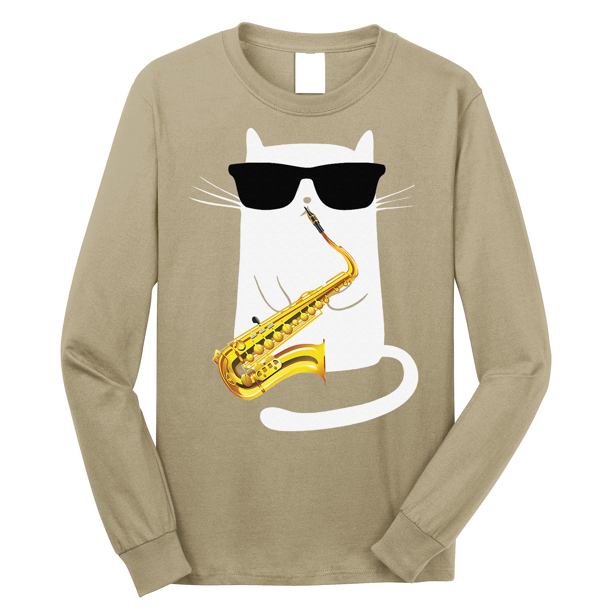 Funny Cat Wearing Sunglasses Playing Saxophone Long Sleeve Shirt