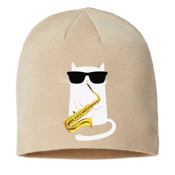 Funny Cat Wearing Sunglasses Playing Saxophone Sustainable Beanie