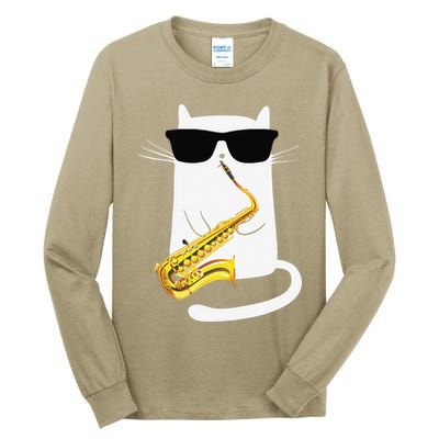Funny Cat Wearing Sunglasses Playing Saxophone Tall Long Sleeve T-Shirt
