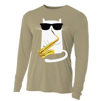 Funny Cat Wearing Sunglasses Playing Saxophone Cooling Performance Long Sleeve Crew