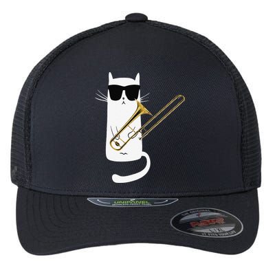 Funny Cat Wearing Sunglasses Playing Trombone Flexfit Unipanel Trucker Cap