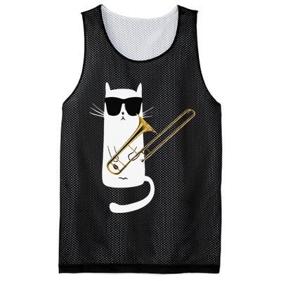 Funny Cat Wearing Sunglasses Playing Trombone Mesh Reversible Basketball Jersey Tank