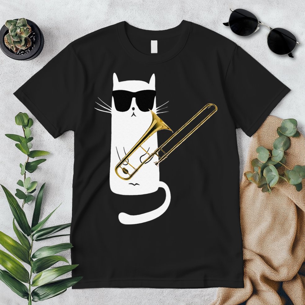 Funny Cat Wearing Sunglasses Playing Trombone Premium T-Shirt