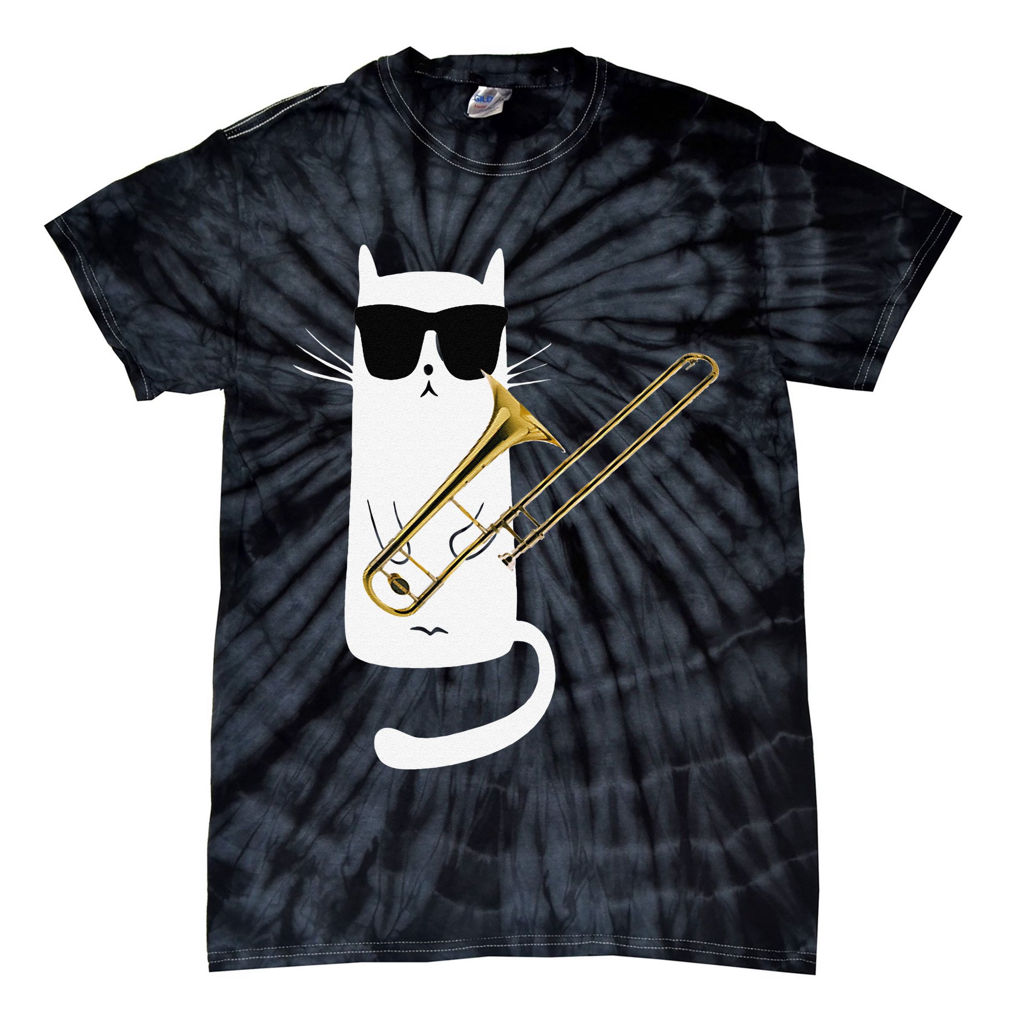 Funny Cat Wearing Sunglasses Playing Trombone Tie-Dye T-Shirt