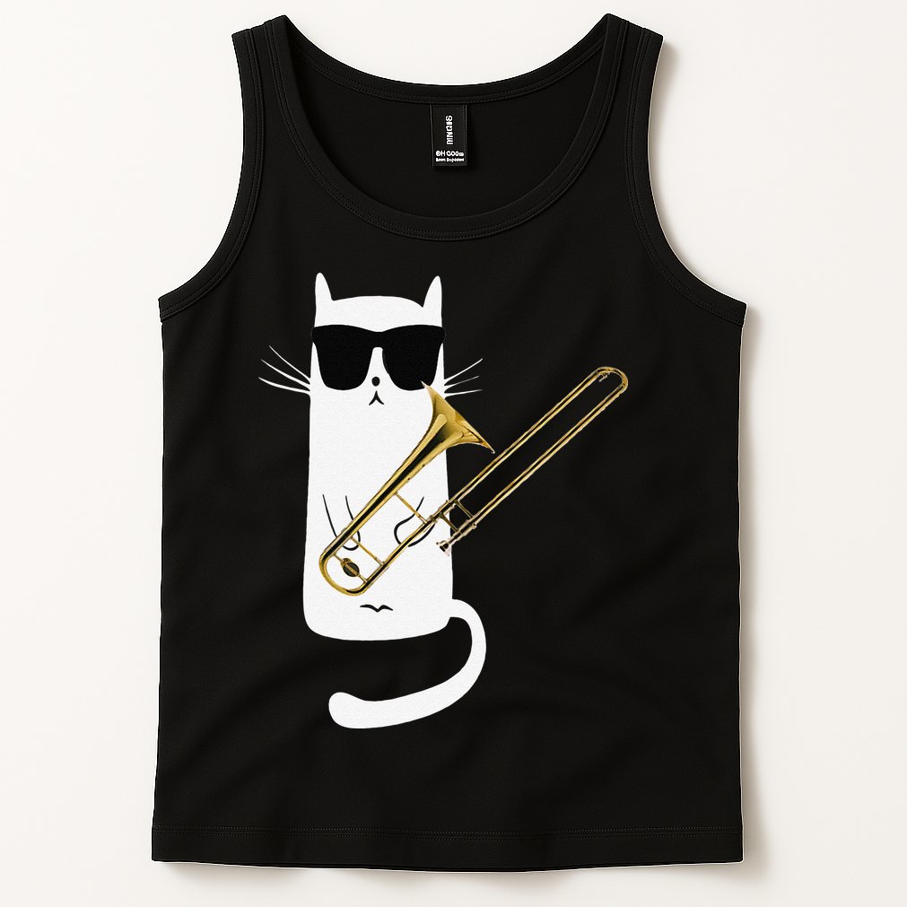 Funny Cat Wearing Sunglasses Playing Trombone Tank Top