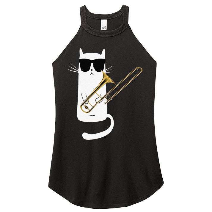 Funny Cat Wearing Sunglasses Playing Trombone Women's Perfect Tri Rocker Tank