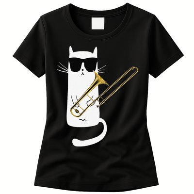 Funny Cat Wearing Sunglasses Playing Trombone Womens T-Shirt