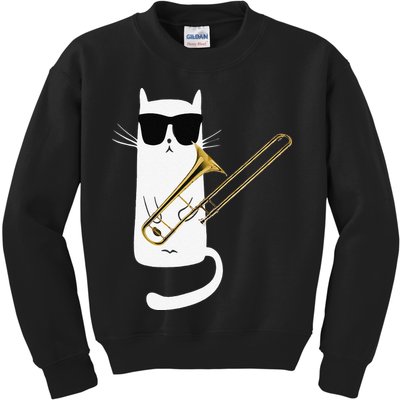 Funny Cat Wearing Sunglasses Playing Trombone Kids Sweatshirt