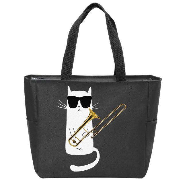 Funny Cat Wearing Sunglasses Playing Trombone Zip Tote Bag