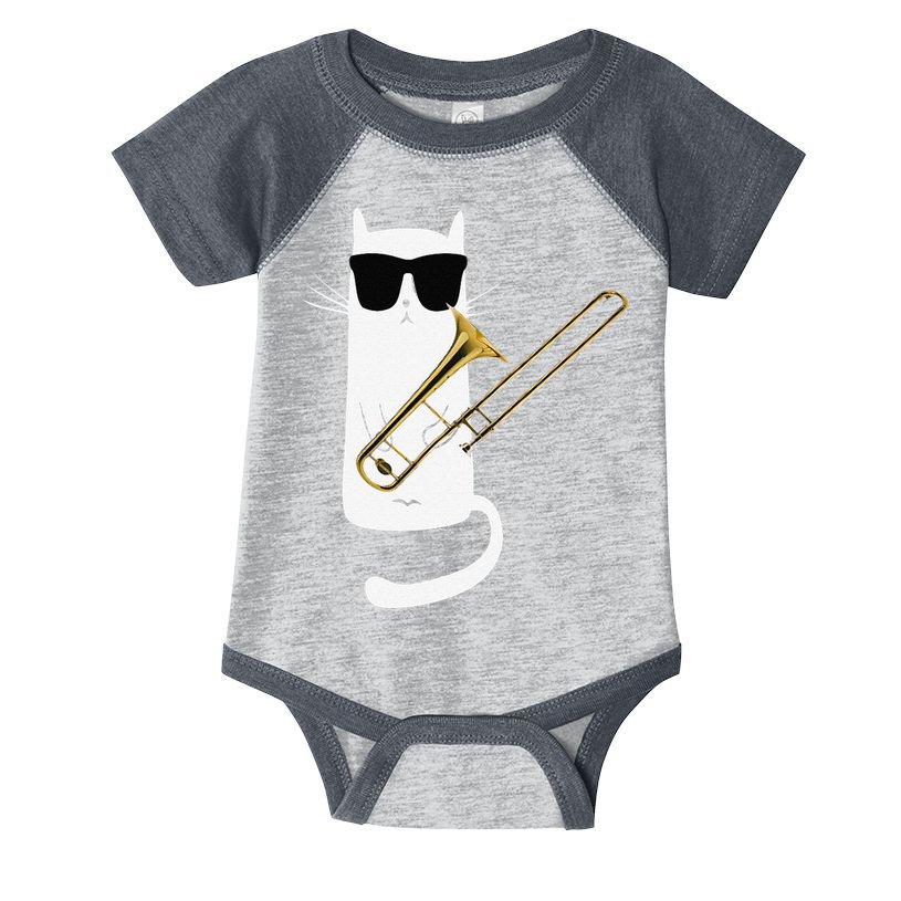 Funny Cat Wearing Sunglasses Playing Trombone Infant Baby Jersey Bodysuit