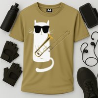 Funny Cat Wearing Sunglasses Playing Trombone Cooling Performance Crew T-Shirt