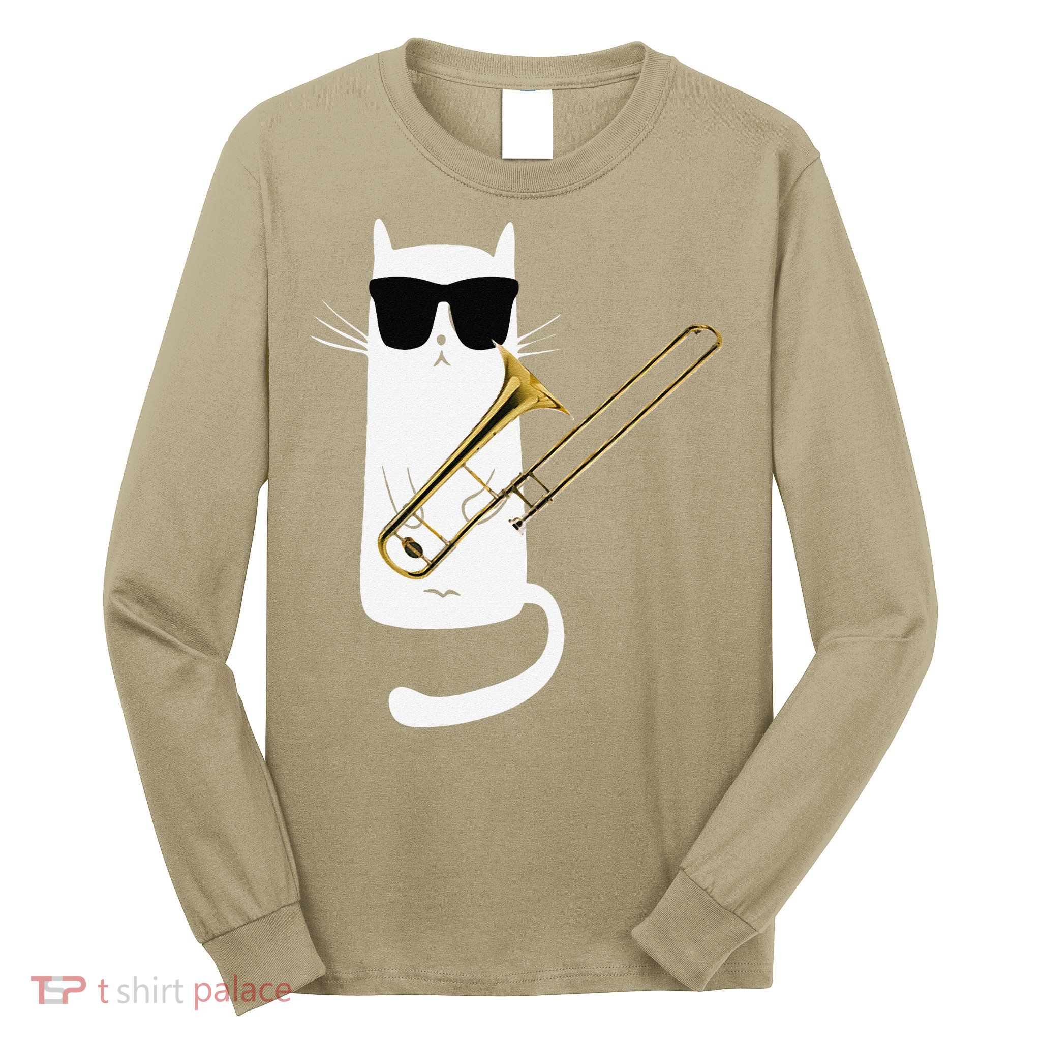 Funny Cat Wearing Sunglasses Playing Trombone Long Sleeve Shirt