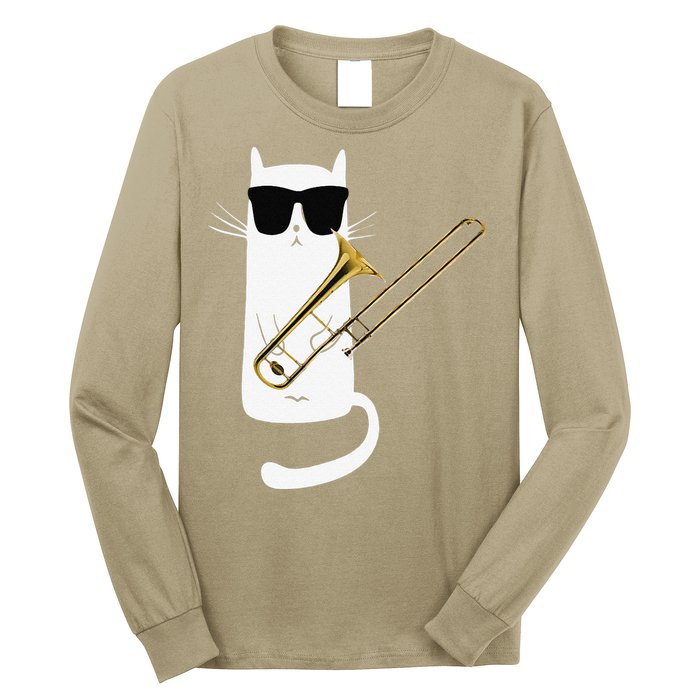Funny Cat Wearing Sunglasses Playing Trombone Long Sleeve Shirt