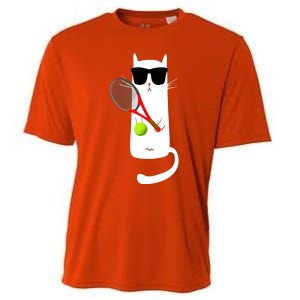 Funny Cat Wearing Sunglasses Playing Tennis Sport Cooling Performance Crew T-Shirt