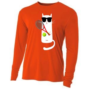 Funny Cat Wearing Sunglasses Playing Tennis Sport Cooling Performance Long Sleeve Crew