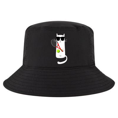 Funny Cat Wearing Sunglasses Playing Tennis Sport Cool Comfort Performance Bucket Hat