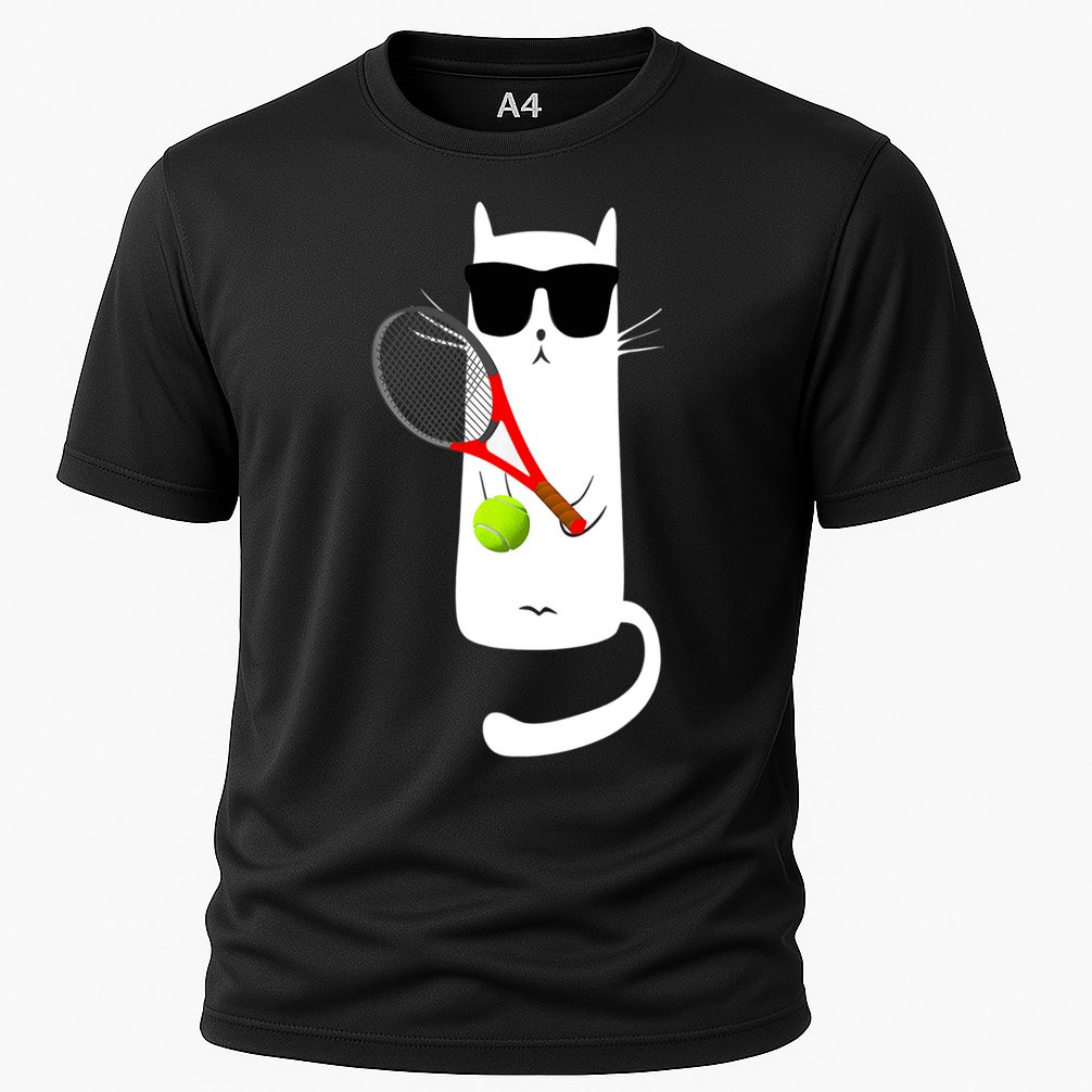 Funny Cat Wearing Sunglasses Playing Tennis Sport Cooling Performance Crew T-Shirt