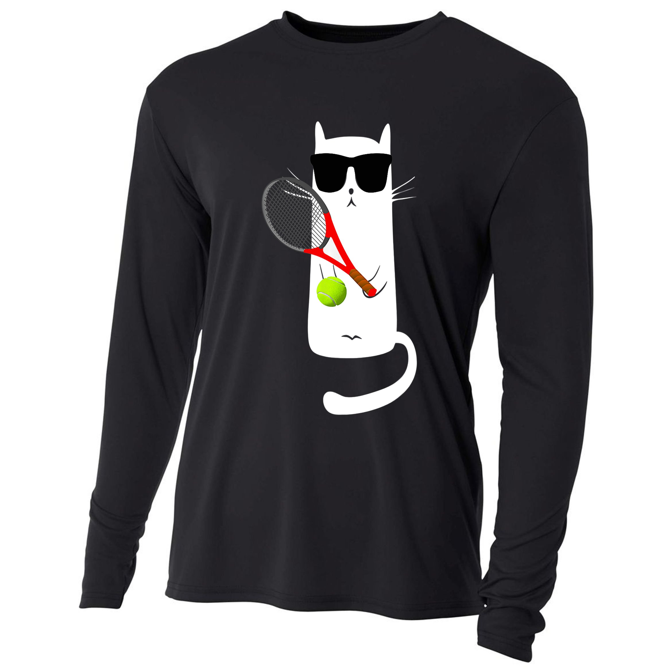 Funny Cat Wearing Sunglasses Playing Tennis Sport Cooling Performance Long Sleeve Crew