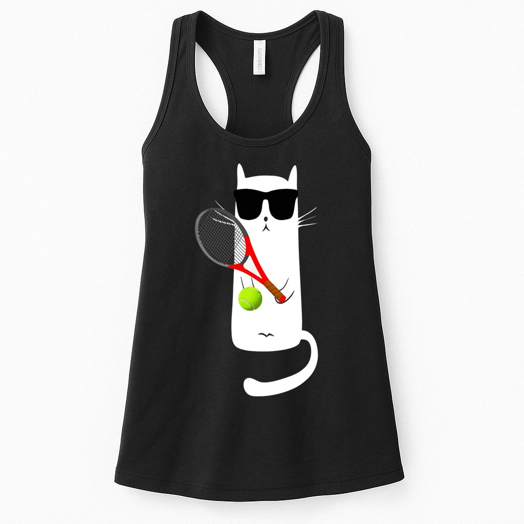 Funny Cat Wearing Sunglasses Playing Tennis Sport Womens Tank Top