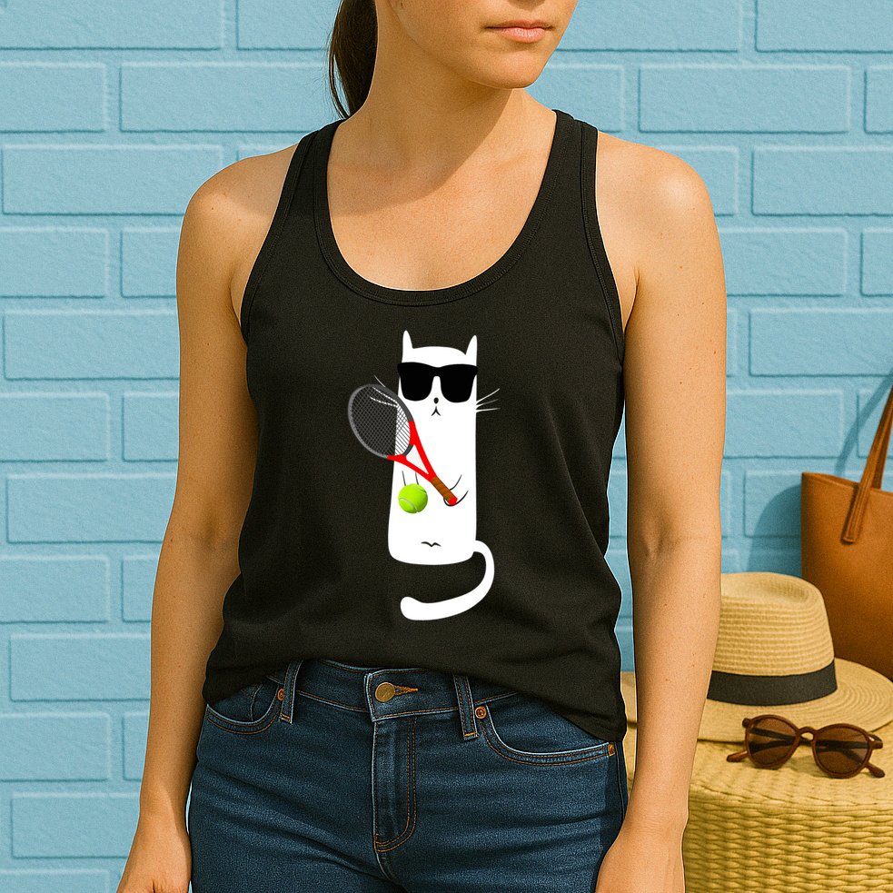 Funny Cat Wearing Sunglasses Playing Tennis Sport Womens Tank Top