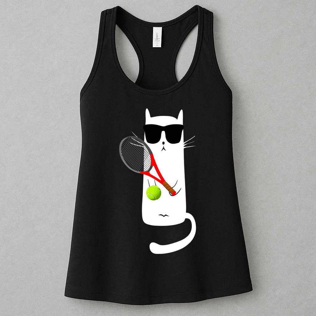 Funny Cat Wearing Sunglasses Playing Tennis Sport Womens Tank Top