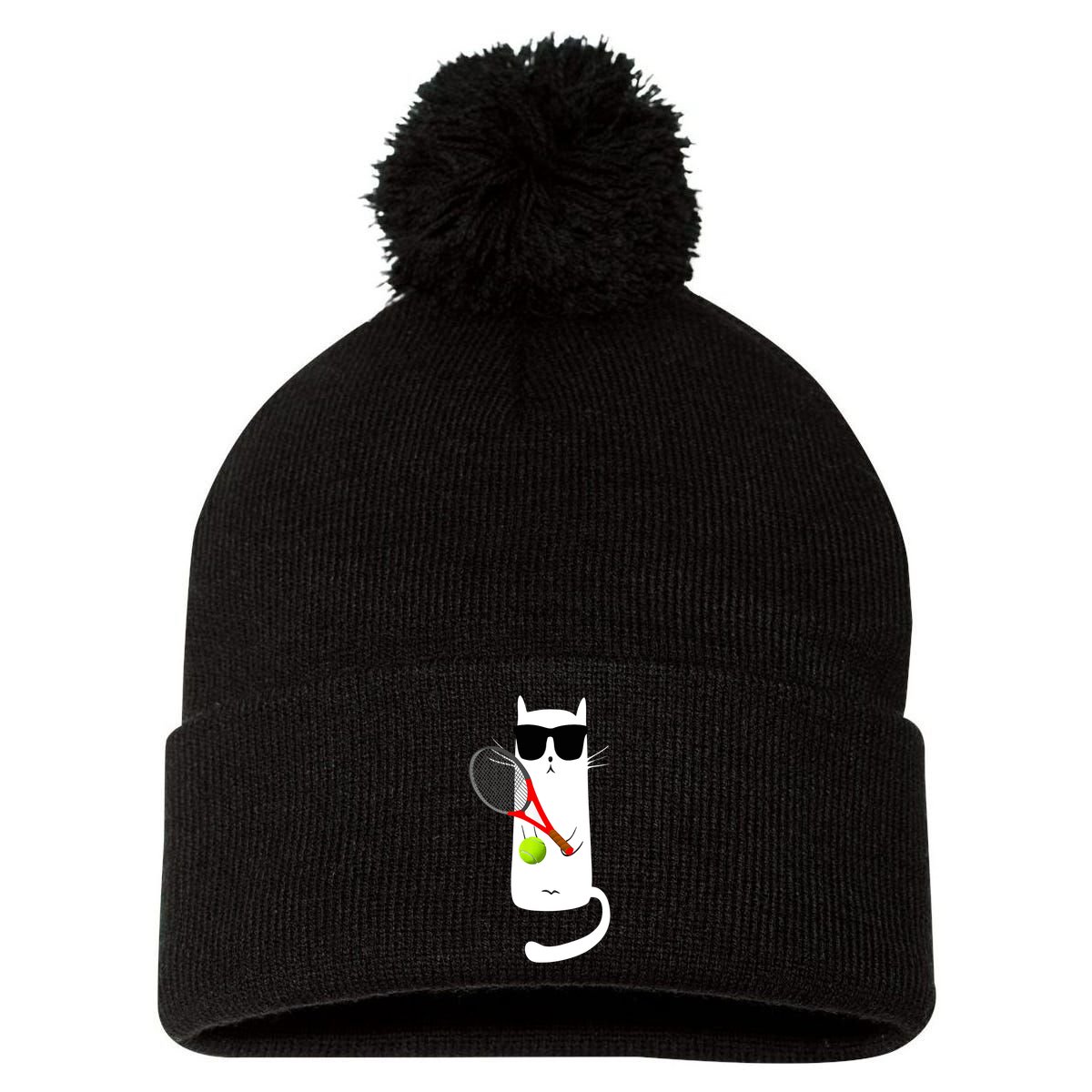 Funny Cat Wearing Sunglasses Playing Tennis Sport Pom Pom 12in Knit Beanie