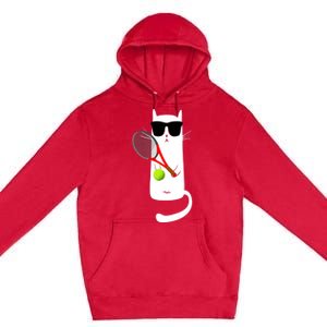 Funny Cat Wearing Sunglasses Playing Tennis Sport Premium Pullover Hoodie